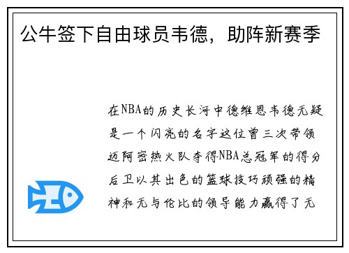 公牛签下自由球员韦德，助阵新赛季