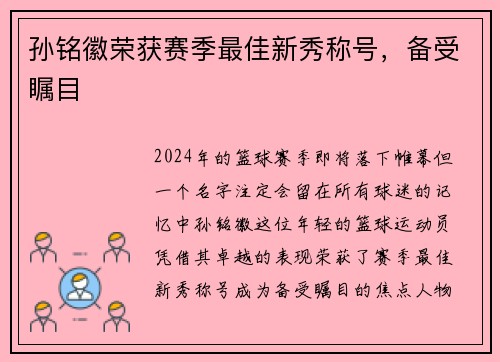 孙铭徽荣获赛季最佳新秀称号，备受瞩目
