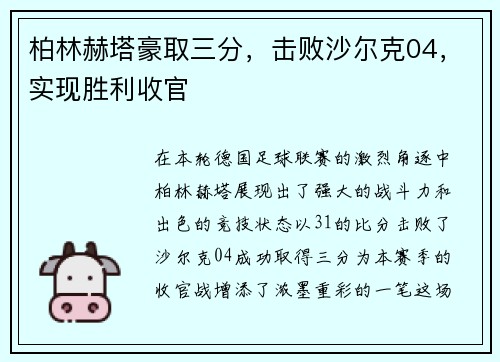 柏林赫塔豪取三分，击败沙尔克04，实现胜利收官