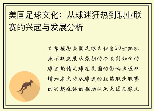 美国足球文化：从球迷狂热到职业联赛的兴起与发展分析