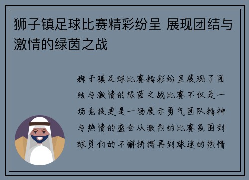 狮子镇足球比赛精彩纷呈 展现团结与激情的绿茵之战