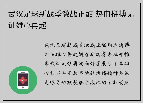 武汉足球新战季激战正酣 热血拼搏见证雄心再起