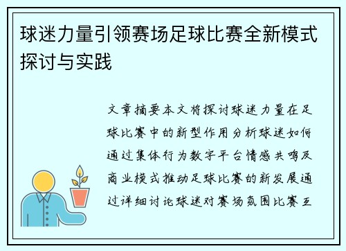 球迷力量引领赛场足球比赛全新模式探讨与实践
