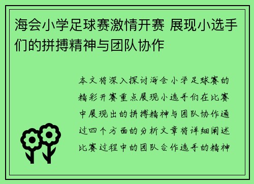 海会小学足球赛激情开赛 展现小选手们的拼搏精神与团队协作