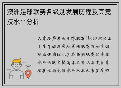 澳洲足球联赛各级别发展历程及其竞技水平分析