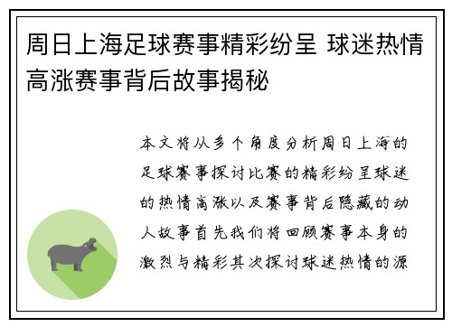周日上海足球赛事精彩纷呈 球迷热情高涨赛事背后故事揭秘