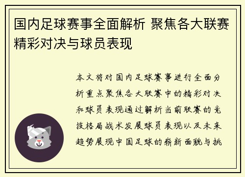 国内足球赛事全面解析 聚焦各大联赛精彩对决与球员表现