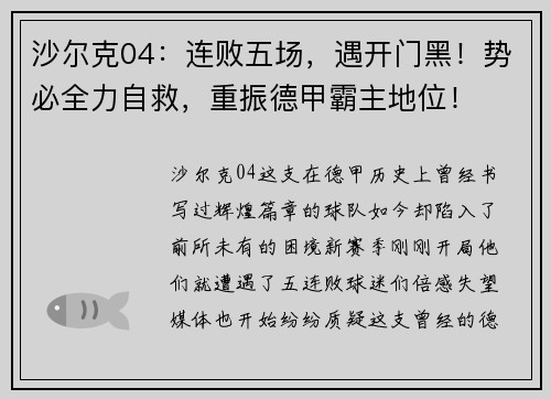 沙尔克04：连败五场，遇开门黑！势必全力自救，重振德甲霸主地位！