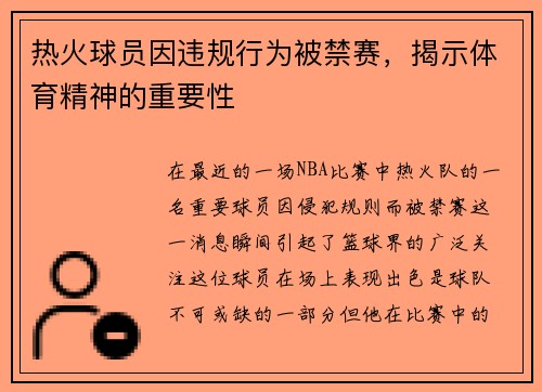 热火球员因违规行为被禁赛，揭示体育精神的重要性