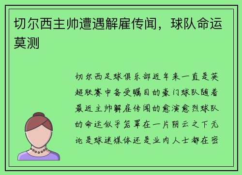 切尔西主帅遭遇解雇传闻，球队命运莫测