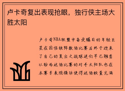 卢卡奇复出表现抢眼，独行侠主场大胜太阳
