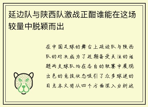 延边队与陕西队激战正酣谁能在这场较量中脱颖而出