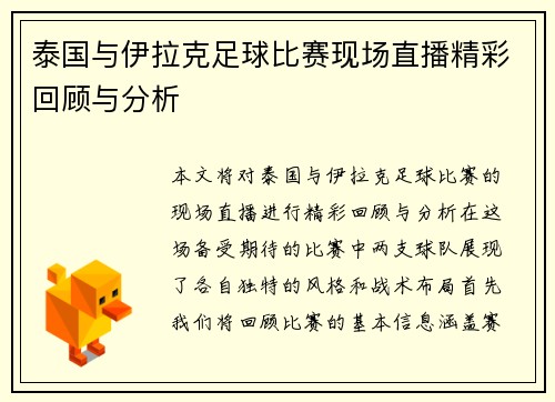 泰国与伊拉克足球比赛现场直播精彩回顾与分析