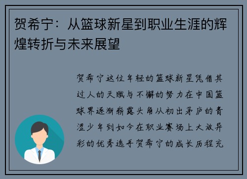 贺希宁：从篮球新星到职业生涯的辉煌转折与未来展望
