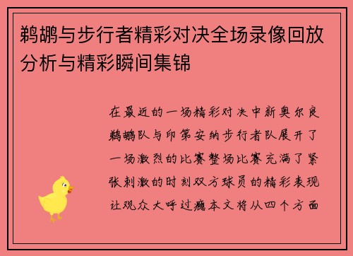 鹈鹕与步行者精彩对决全场录像回放分析与精彩瞬间集锦