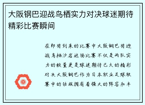 大阪钢巴迎战鸟栖实力对决球迷期待精彩比赛瞬间