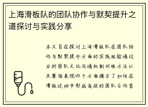 上海滑板队的团队协作与默契提升之道探讨与实践分享