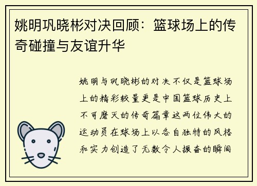 姚明巩晓彬对决回顾：篮球场上的传奇碰撞与友谊升华