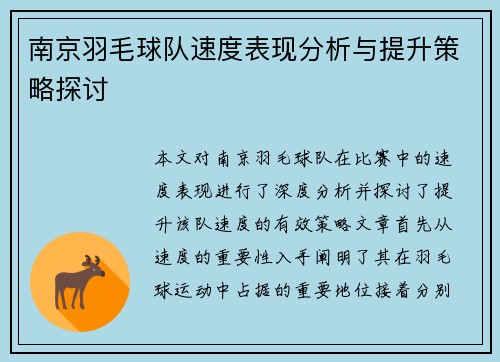 南京羽毛球队速度表现分析与提升策略探讨
